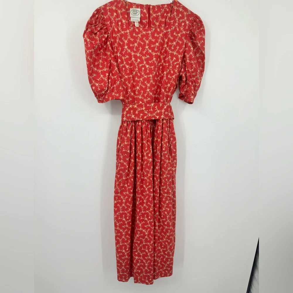 VTG 80s Lauren Ashley Puff Sleeves Red Floral Midi Dress 8 Cottagecore | AM584 - Picture 2 of 9